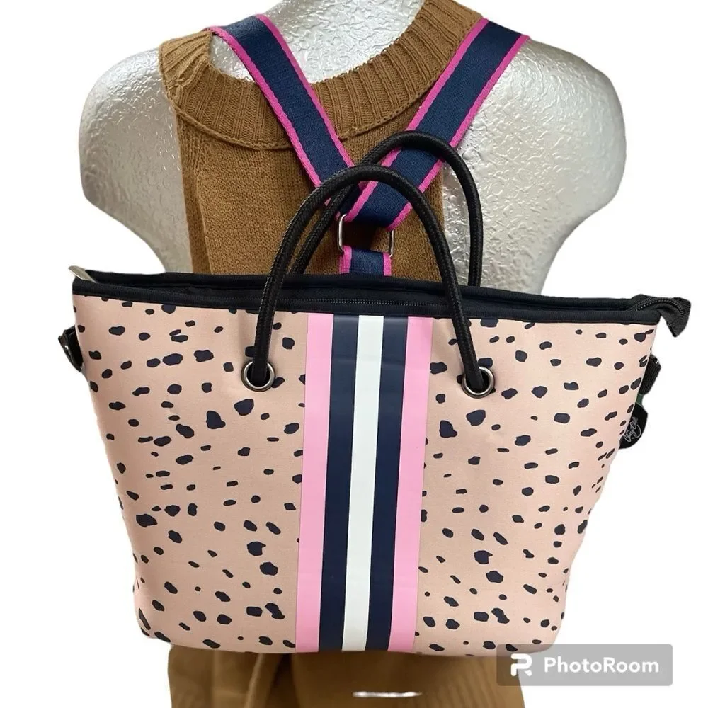 Neoprene tote & clutch, pink with black spots, zipper closure & backpack strap